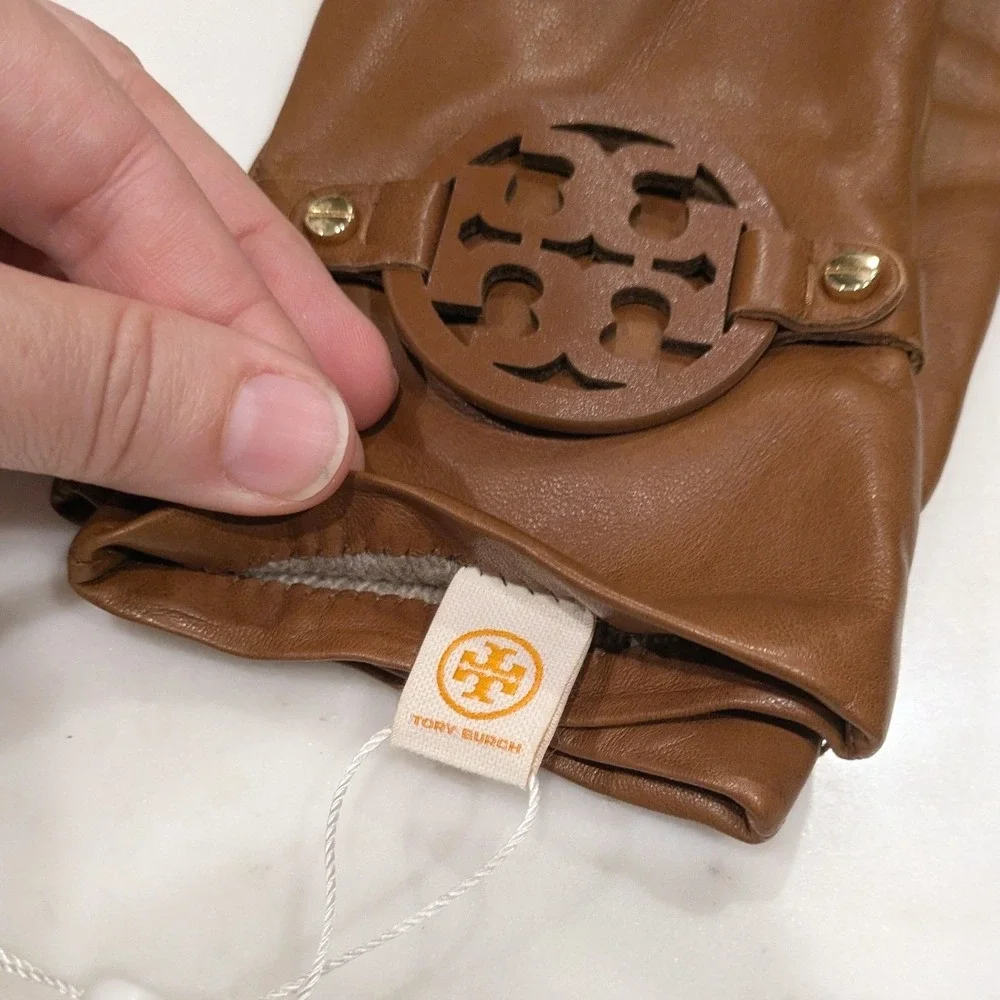 Tory Burch Miller Leather Gloves Women 7.5 T-Logo Brown Cashmere Lined 46591 NEW